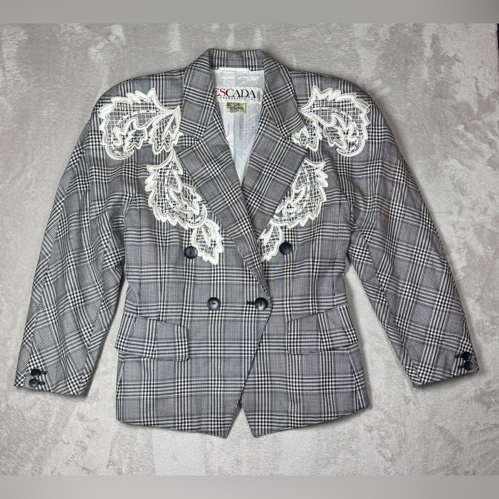 Vintage Escada by Margaretha Ley Wool Silk Blend Houndstooth Plaid Blazer 36